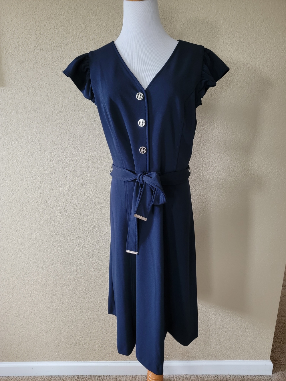 NWT Tommy Hilfiger Navy Button-Front Belted Dress, Size 14